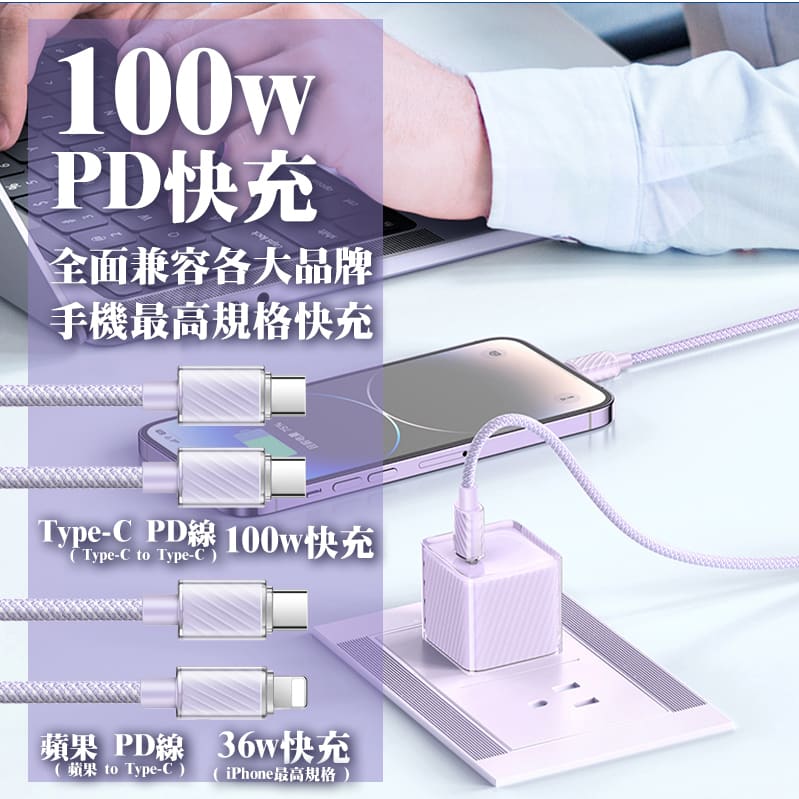 Mcdodo 100W PD 快充傳輸線 編織線 Type-C 適用 iPhone